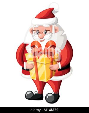 Santa Claus hold golden gift box with red bow vector illustration isolated on white background website page and mobile app design Stock Vector