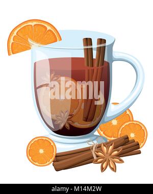Mulled wine with orange slice and cinnamon stick in a transparent cup vector illustration isolated on white background Stock Vector