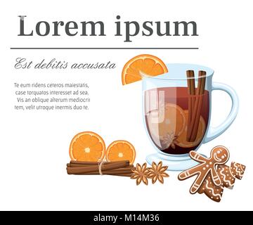 Mulled wine with orange slice gingerbread and cinnamon stick in a transparent cup vector illustration with place for your text isolated on white background Stock Vector