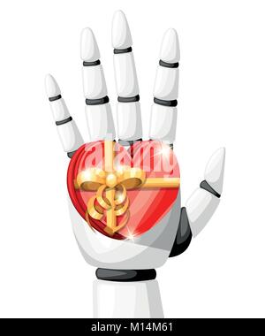 White robot hand or robotic arm for prosthetics holds a gift in the form of a heart with a gold bow vector illustration isolated on white background website page and mobile app design Stock Vector