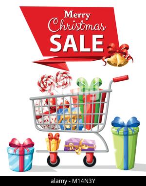Self-service supermarket full shopping trolley cart with fresh grocery products and red handle flat vector illustration sale web site page and mobile  Stock Vector
