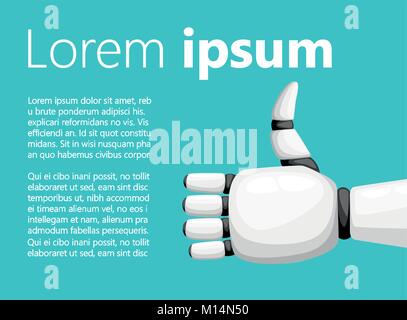 Thumbs up white robot hand or robotic arm for prosthetics vector illustration with place for your text isolated on turquoise background website page a Stock Vector