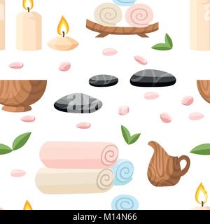 Colorfull spa tools and accessories black basalt massage stones herbs rolled up towel candles and oil vector illustration on white background with pla Stock Vector