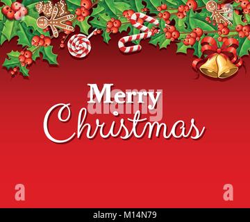 Mistletoe with green leaves and two jingle bell with red bow Christmas decoration vector illustration isolated on red background with place for your t Stock Vector