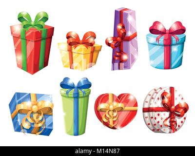 Set of different colorful gift boxes with bows vector illustration isolated on white background website page and mobile app design. Stock Vector