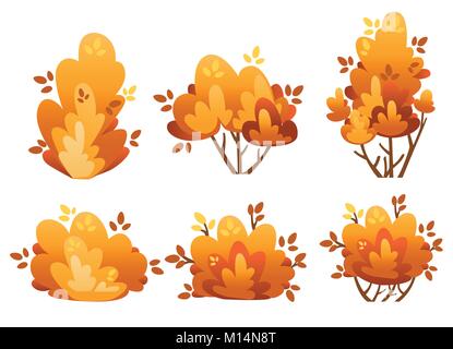 Set of natural bush and garden trees for park cottage and yard vector illustration isolated on white background website page and mobile app design. Stock Vector