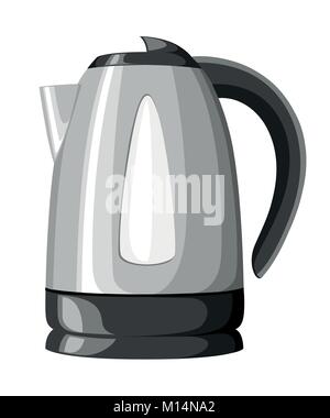 Modern electric kettle black plastic and stainless steel vector illustration isolated on white background website page and mobile app design. Stock Vector