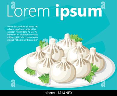 Khinkali georgian dumplings with herb on plate ector illustration isolated on turquoise background with place for your text website page and mobile ap Stock Vector