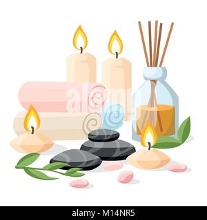 Colorfull spa tools and accessories black basalt massage stones herbs rolled up towel candles and oil vector illustration on white and blue background Stock Vector