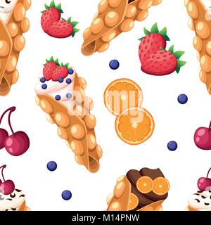 Seamless pattern Hong Kong waffle with cherry strawberry orange and whipped or chocolate cream vector illustration isolated on white background websit Stock Vector