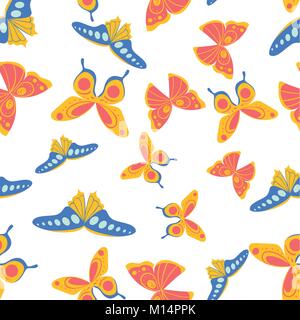 Seamless pattern of flying butterflies blue yellow and orange colors vector illustration on white background website page and mobile app design. Stock Vector