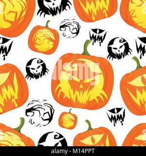 Seamless pattern of decorative Halloween pumpkins with different design vector illustration on white background website page and mobile app design. Stock Vector