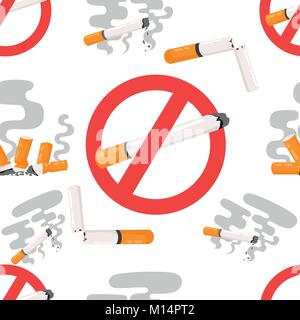 Seamless pattern of no smoking forbidden signs with flat cigarette with smoke vector illustration on white background website page and mobile app desi Stock Vector