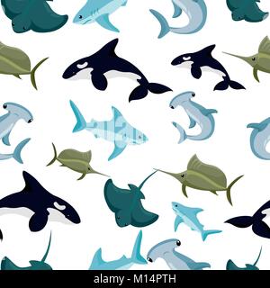 Seamless pattern of hammerhead and blue shark sphyrna manta orca vector illustration on white background website page and mobile app design. Stock Vector