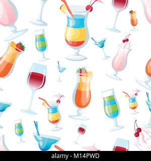 Seamless pattern of diffirent cocktails in glasses vector illustration on white background website page and mobile app design. Stock Vector