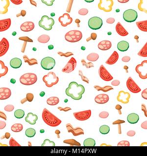 Seamless pattern with ingredients for pizza salami tomato bacon cucumber bulgarian pepper mushrooms peas vector illustration on white background with  Stock Vector