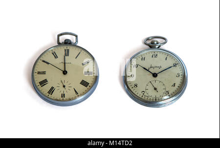 Bangkok, Thailand - January 18, 2018: Set of two vintage Russian open face pocket watch Molnija isolated on white background Stock Photo