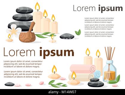 Colorfull spa tools and accessories black basalt massage stones herbs mortar rolled up towel and candles vector illustration on white and blue backgro Stock Vector