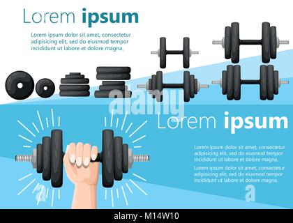 Hand holding a dumbbell and set of collapsible dumbbells and disks lie vector illustration on white and blue background with place for your text websi Stock Vector