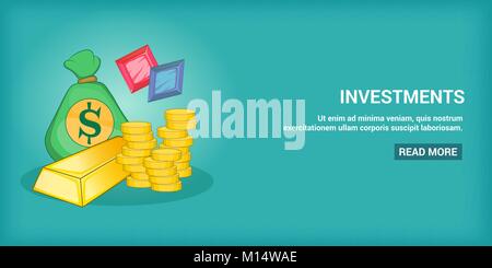 Investments banner horizontal, cartoon style Stock Vector