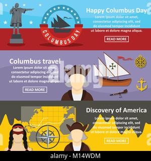 Columbus Day banner horizontal set, flat style Stock Vector