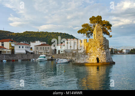 Amazing Sunset at the port of Nafpaktos town, Western Greece Stock Photo