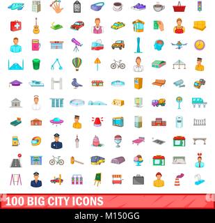 100 big city icons set, cartoon style Stock Vector