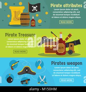 Pirate attribute banner horizontal set, flat style Stock Vector