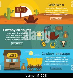 Wild west banner horizontal set, flat style Stock Vector