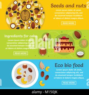 Nuts seeds food banner horizontal set, flat style Stock Vector