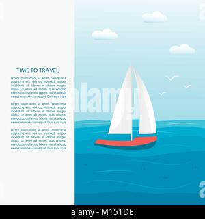 Nautical vehicles: sail boat, ship, vessel, luxury yacht, speedboat with text time to travel . Vector flat  icon, concept for web site. Stock Vector