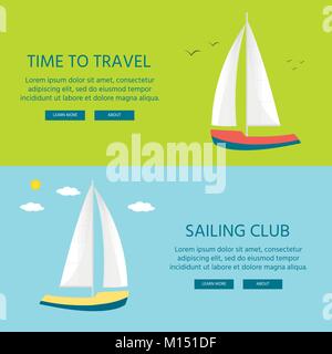 Nautical vehicles: sail boat, ship, vessel, luxury yacht, speedboat with text time to travel and sailing club. Vector flat  icon, concept for web site Stock Vector