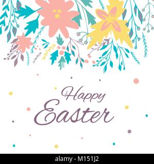 Easter banner background, template with beautiful spring flowers, wreath, leaves, dots. Modern postcard or invitation for holliday. Stock Vector