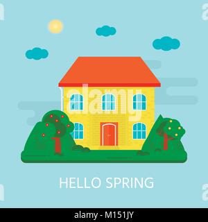 Abstract background with cozy home, house, cottage, with text hello spring. Modern building with tree.  Flat design urban landscape. Stock Vector