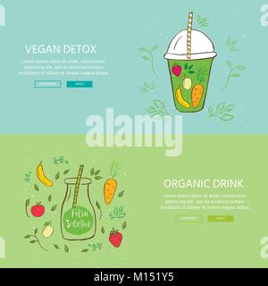 Hand drawn banner with  glass and smoothies. Apple, berry, banana, carrot, lemon green detox. Organic fruit shake cocktail . Eco healthy ingredients.  Stock Vector