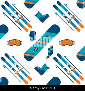 Winter pattern with sport icons collection. Skiing and snowboarding set on white background in flat style design. Elements for ski resort picture, mou Stock Vector