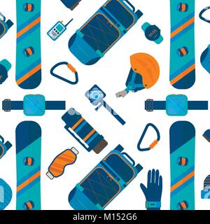 Winter pattern with sport icons collection. Skiing and snowboarding set on white background in flat style design. Elements for ski resort picture, mou Stock Vector
