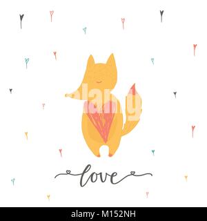 Lovely Valentines day gift card with fox heart and lettering love. Calligraphy, hand drawn design elements for print, poster, invitation, party decora Stock Vector