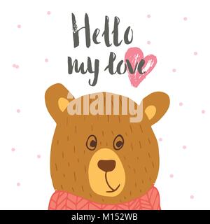 Lovely Valentines day gift card with teddy bear heart and lettering hello love. Calligraphy, hand drawn design elements for print, poster, invitation, Stock Vector