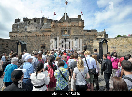 Tourists on the esplanade at Edinburgh Castle, Edinburgh, Scotland.