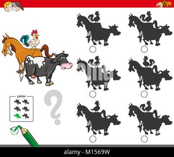 Cartoon Illustration of Finding the Shadow without Differences Educational Activity for Children with Farm Animal Characters Stock Vector