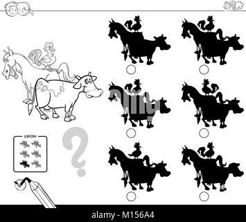 Black and White Cartoon Illustration of Finding the Shadow without Differences Educational Activity for Children with Farm Animal Characters Coloring  Stock Vector