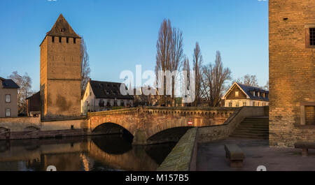 The Covered Bridges located in the historic and medieval district of the 'Petite France' (Little France) in Strasbourg, France. Stock Photo