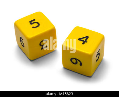 Two Yellow Numbered  Dice Isolated on a White Background. Stock Photo