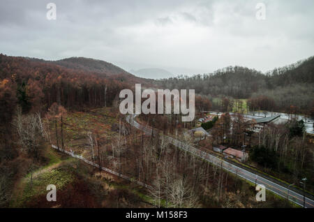 Panoramic views over Lake Toya from Mount. Usu Ropeway. The ropeway opened in 1965, and climbs Mount Usu, the active volcano in Shikotsu-Toya. Stock Photo