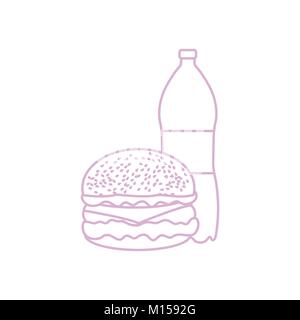 Burger and bottle of soda water. Harmful eating habits. Design for banner and print. Stock Vector