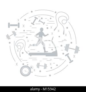 Vector illustration of the man jogging on a treadmill and different kinds of sports equipment arranged in a circle. Including icons of skipping rope,  Stock Vector