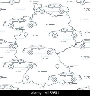 Pattern with cars and map of Germany. Travel and leisure. Design for announcement, advertisement, banner or print. Stock Vector