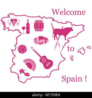 Vector illustration with various symbols of Spain. Travel and leisure. Design for banner, poster or print. Stock Vector