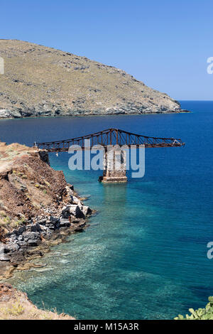Rusty remains of old mining pier at Megalo Livadi bay on island's west coast, Serifos, Cyclades, Aegean Sea, Greek Islands, Greece, Europe Stock Photo